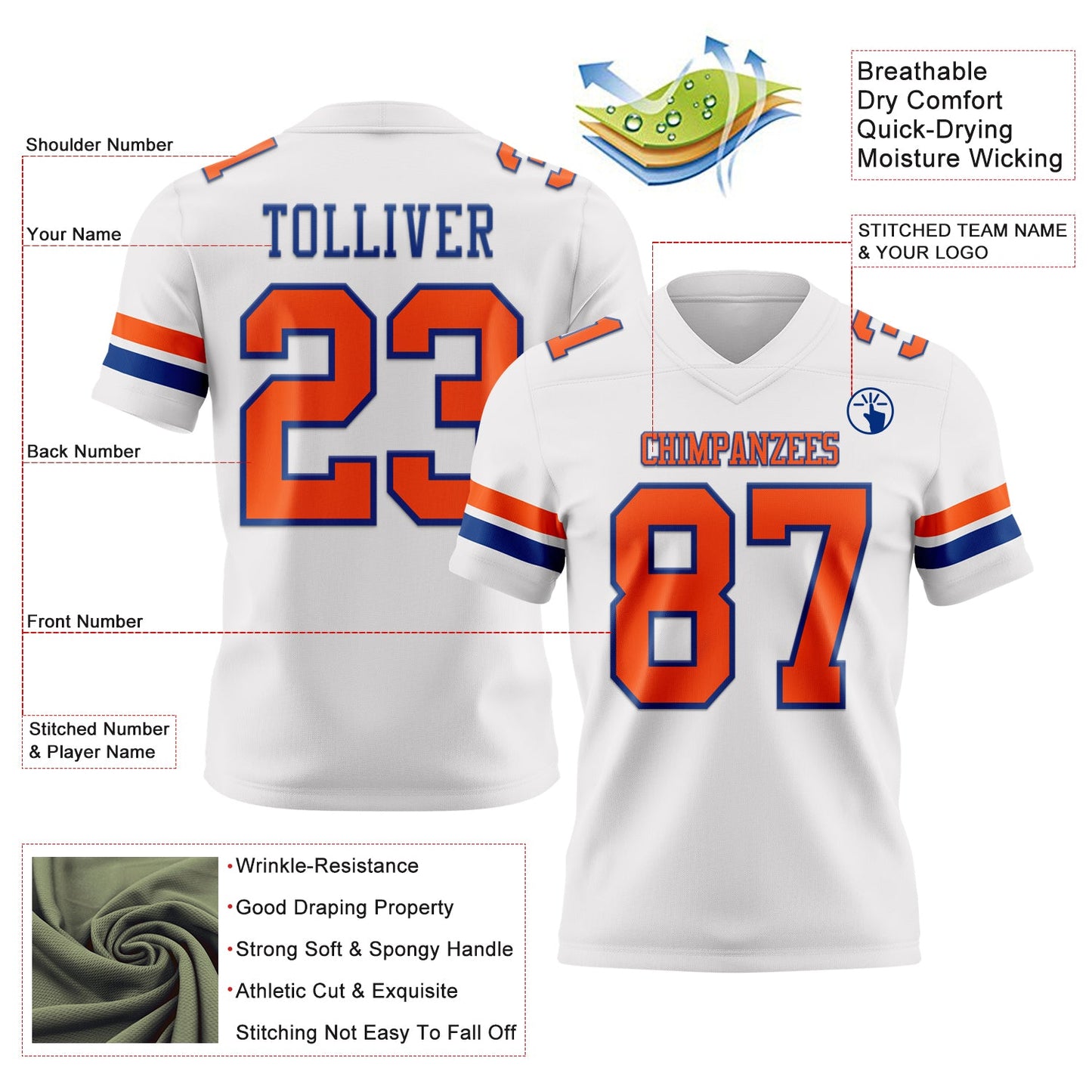 Custom White Orange-Royal Mesh Authentic Football Jersey - Sky-Custom