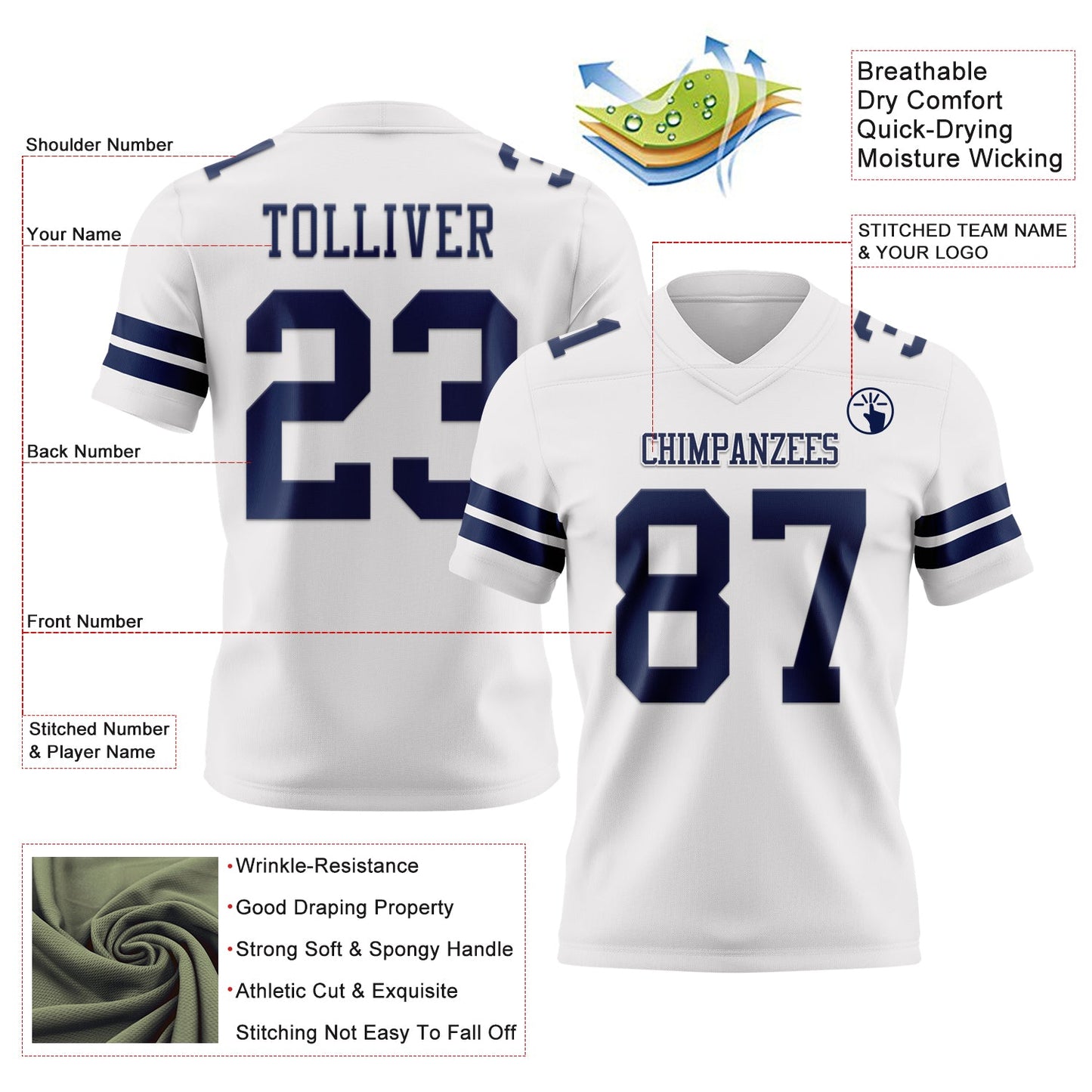 Custom White Navy Mesh Authentic Football Jersey - Sky-Custom
