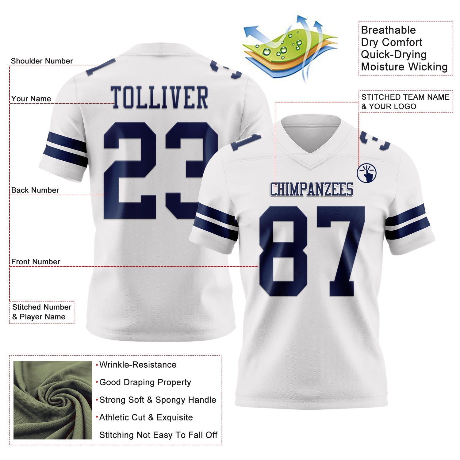 Custom White Navy Mesh Authentic Football Jersey - Sky-Custom
