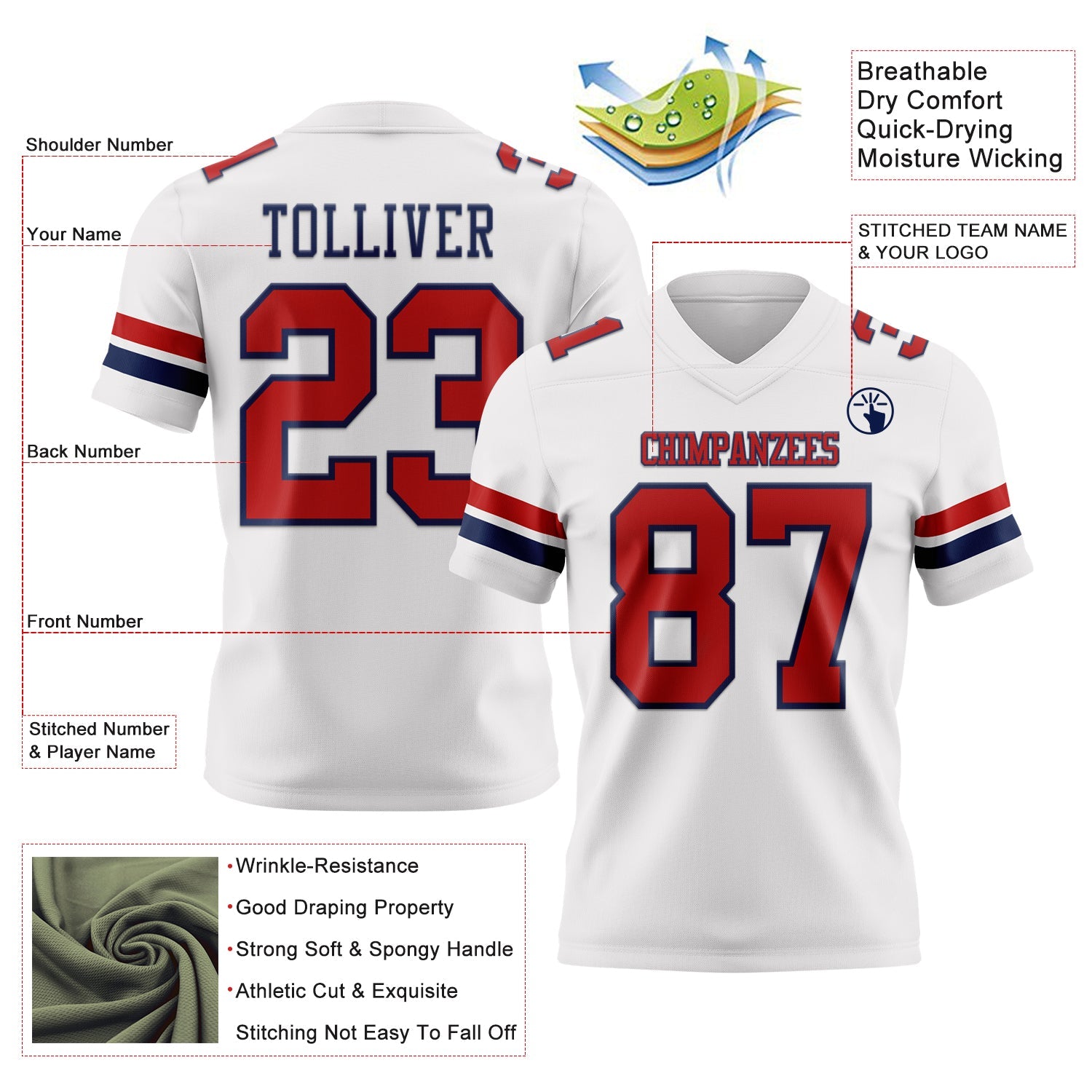Custom White Red-Navy Mesh Authentic Football Jersey - Sky-Custom