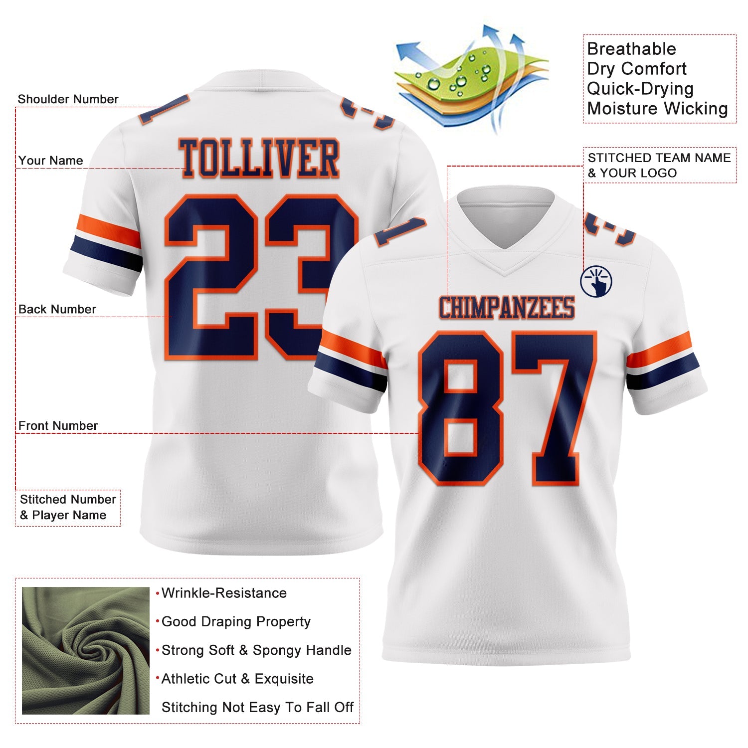Custom White Navy-Orange Mesh Authentic Football Jersey - Sky-Custom