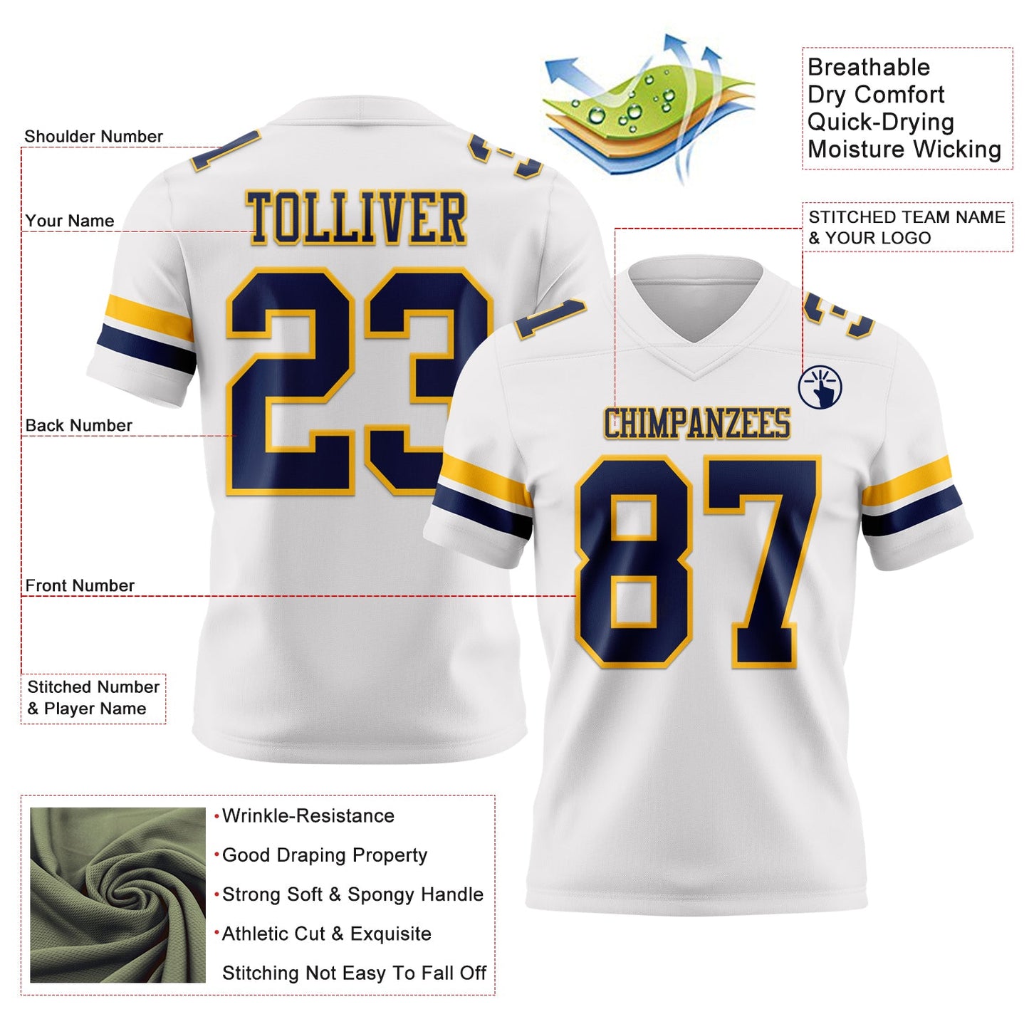 Custom White Navy-Gold Mesh Authentic Football Jersey - Sky-Custom