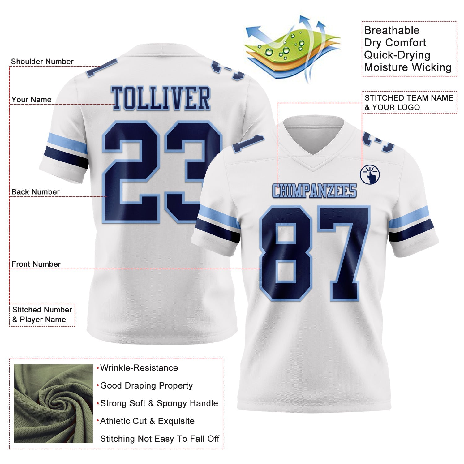 Custom White Navy-Light Blue Mesh Authentic Football Jersey - Sky-Custom