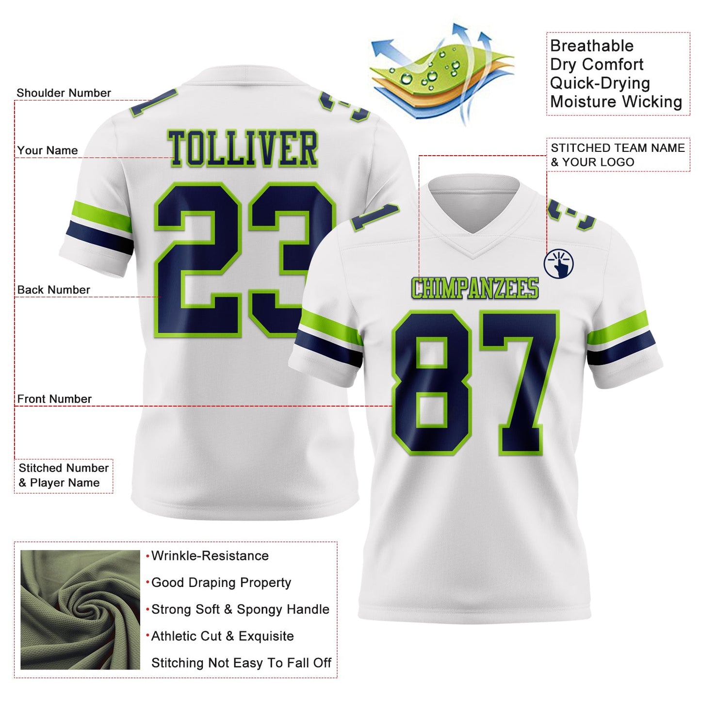 Custom White Navy-Neon Green Mesh Authentic Football Jersey - Sky-Custom