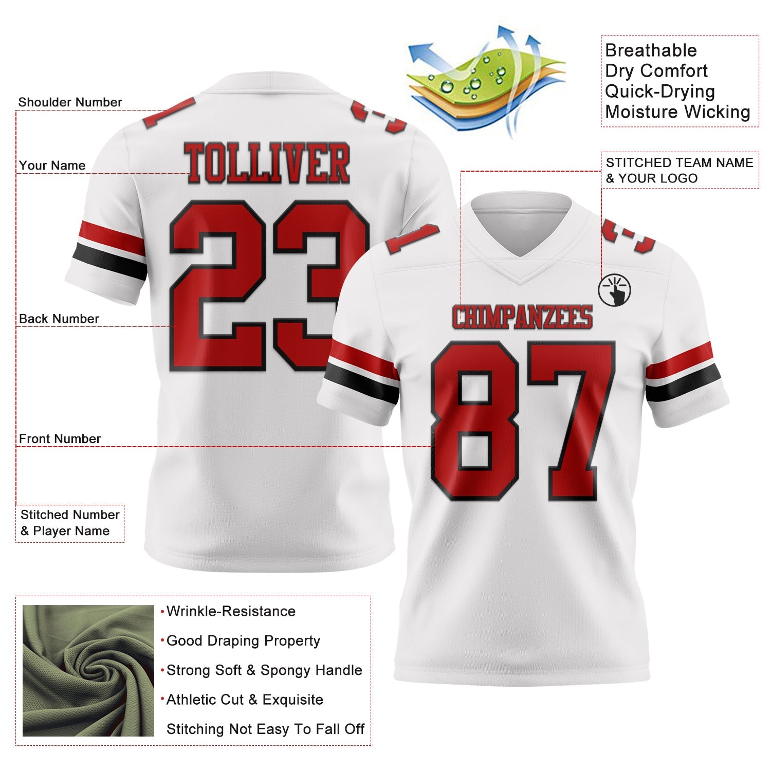Custom White Red-Black Mesh Authentic Football Jersey - Sky-Custom