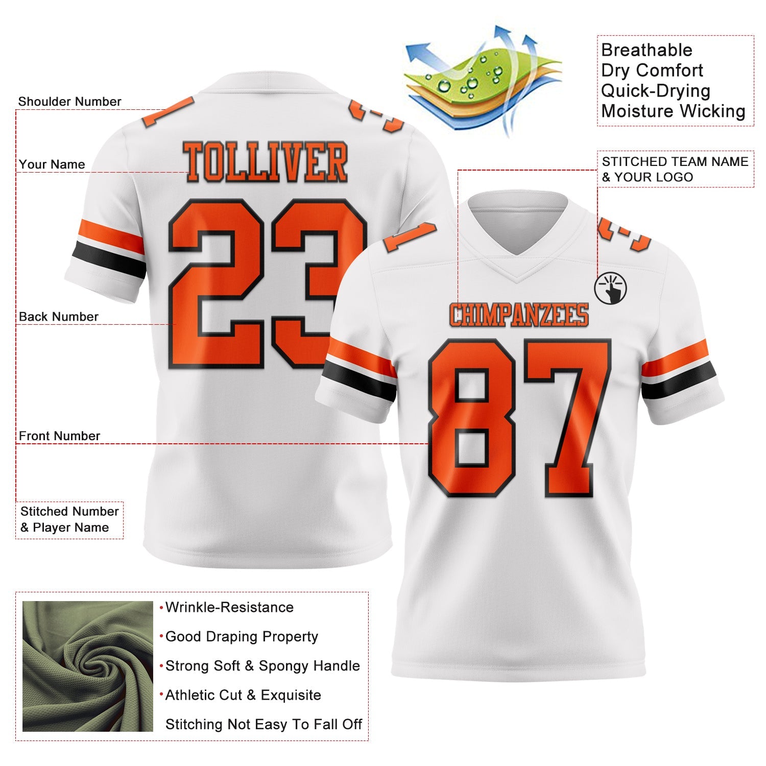 Custom White Orange-Black Mesh Authentic Football Jersey - Sky-Custom