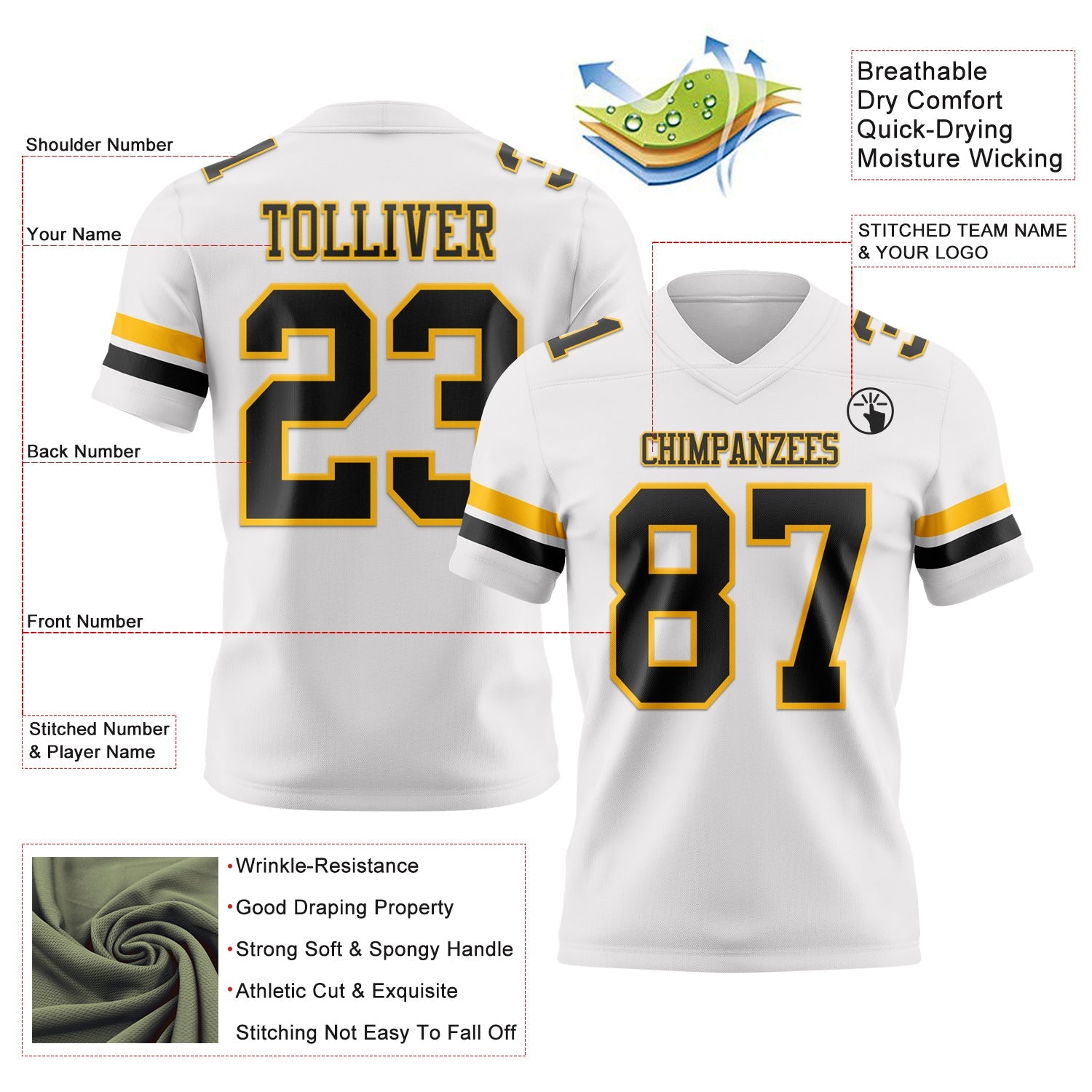 Custom White Black-Gold Mesh Authentic Football Jersey - Sky-Custom