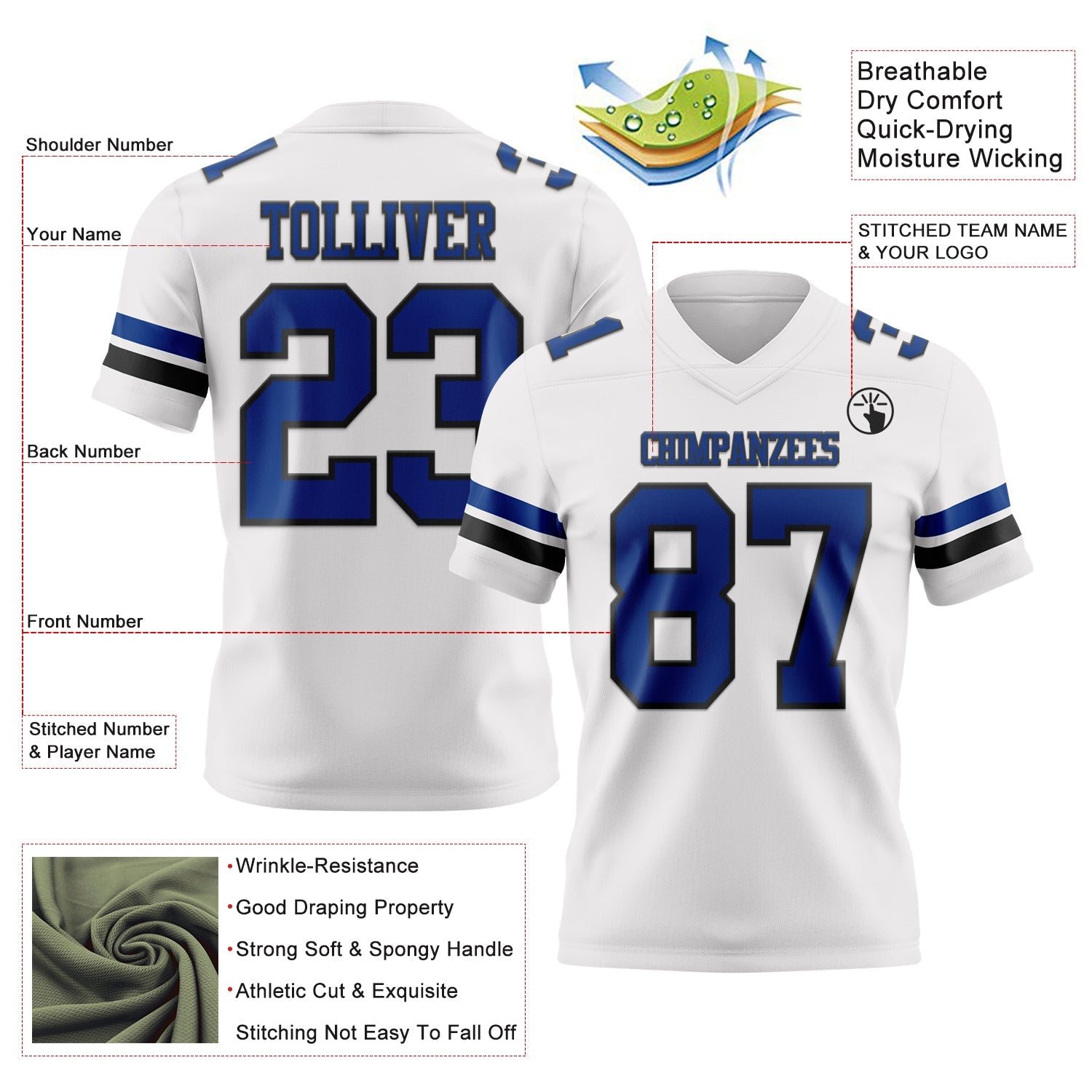 Custom White Royal-Black Mesh Authentic Football Jersey - Sky-Custom