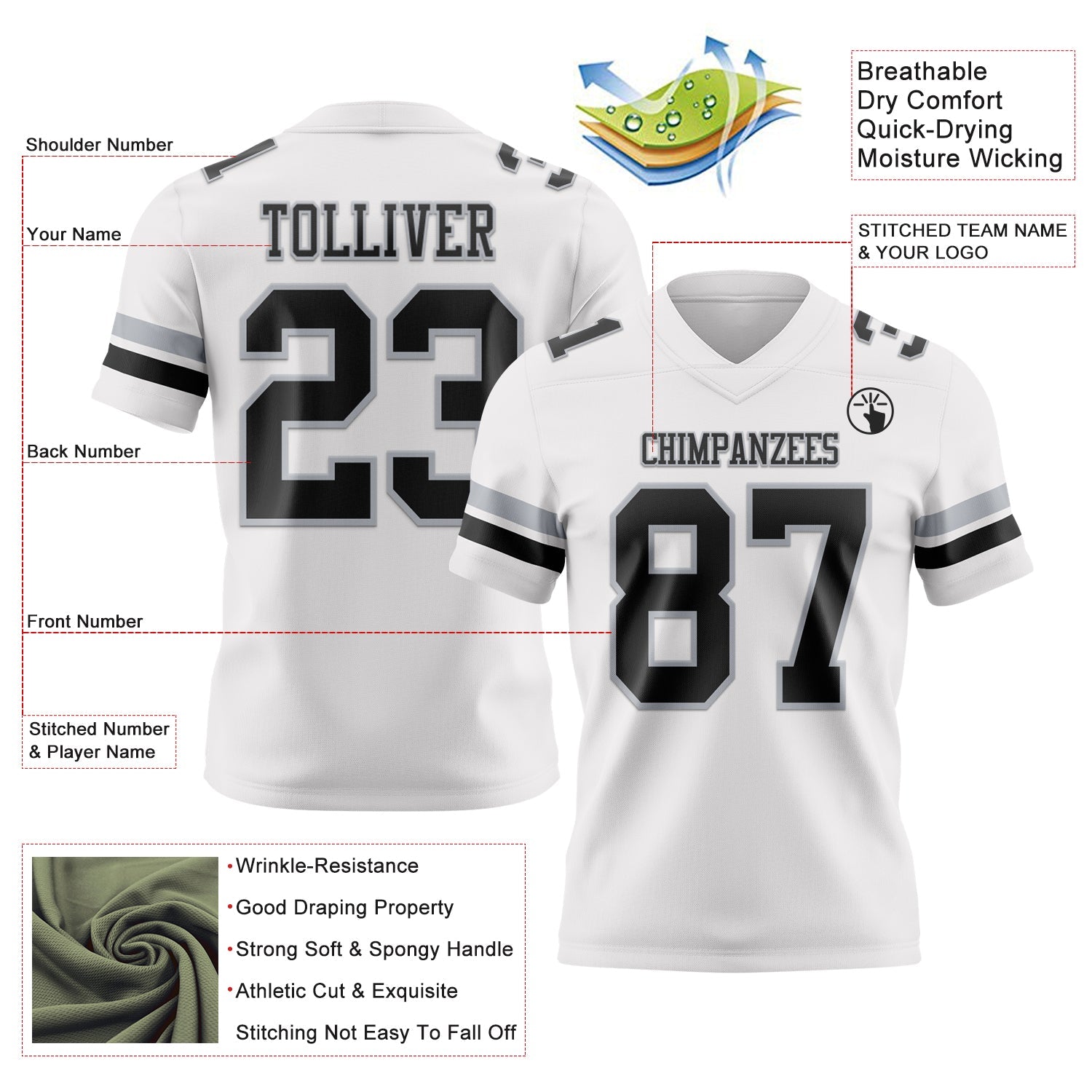 Custom White Black-Gray Mesh Authentic Football Jersey - Sky-Custom