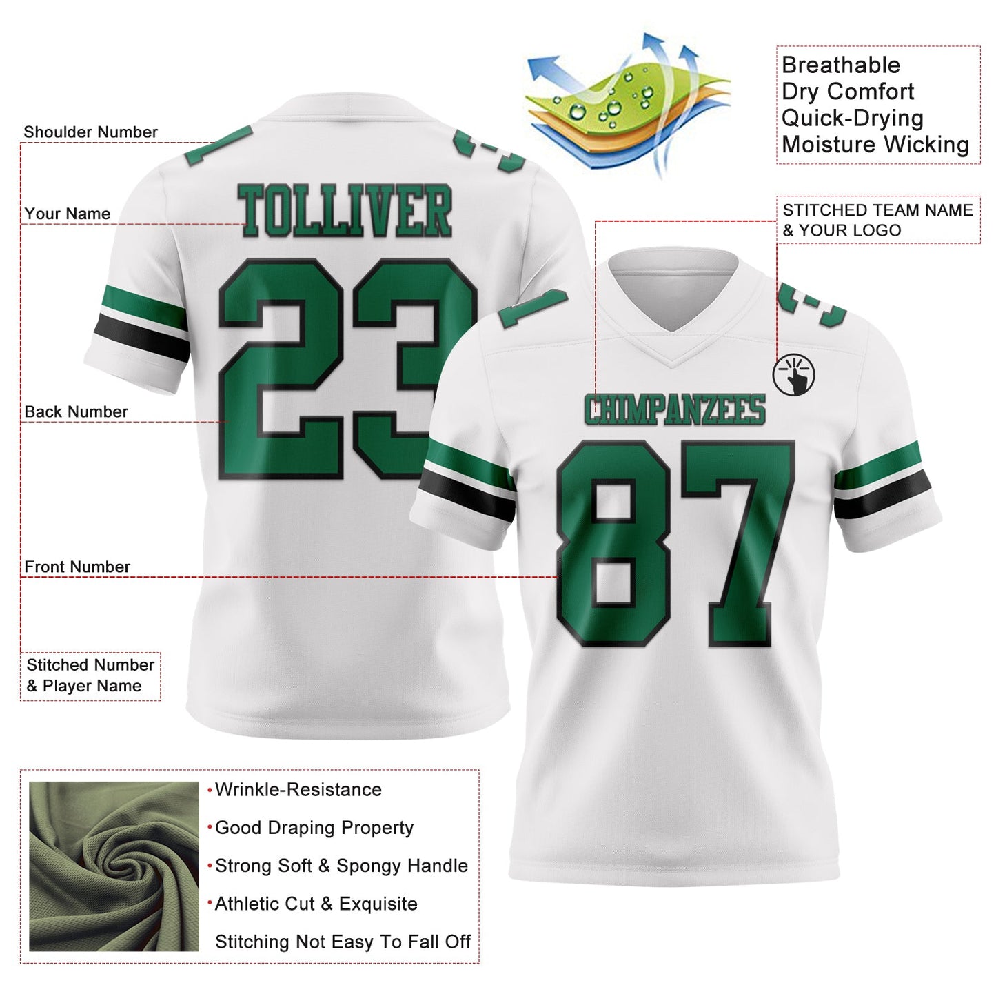 Custom White Kelly Green-Black Mesh Authentic Football Jersey - Sky-Custom