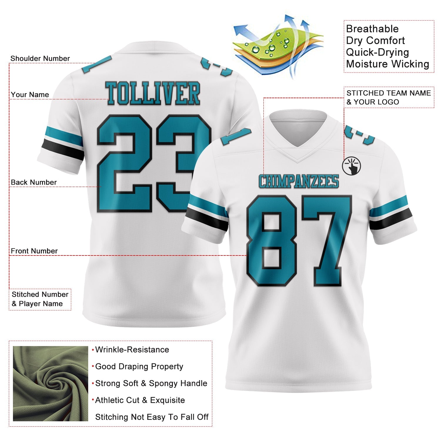 Custom White Teal-Black Mesh Authentic Football Jersey - Sky-Custom