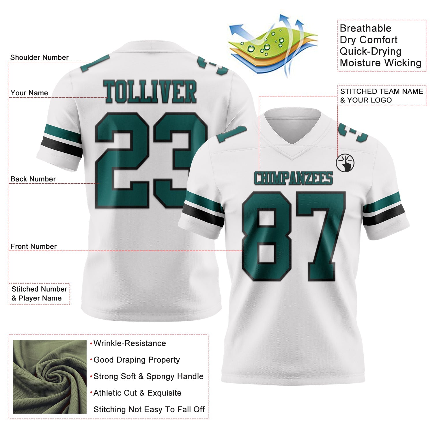 Custom White Midnight Green-Black Mesh Authentic Football Jersey - Sky-Custom