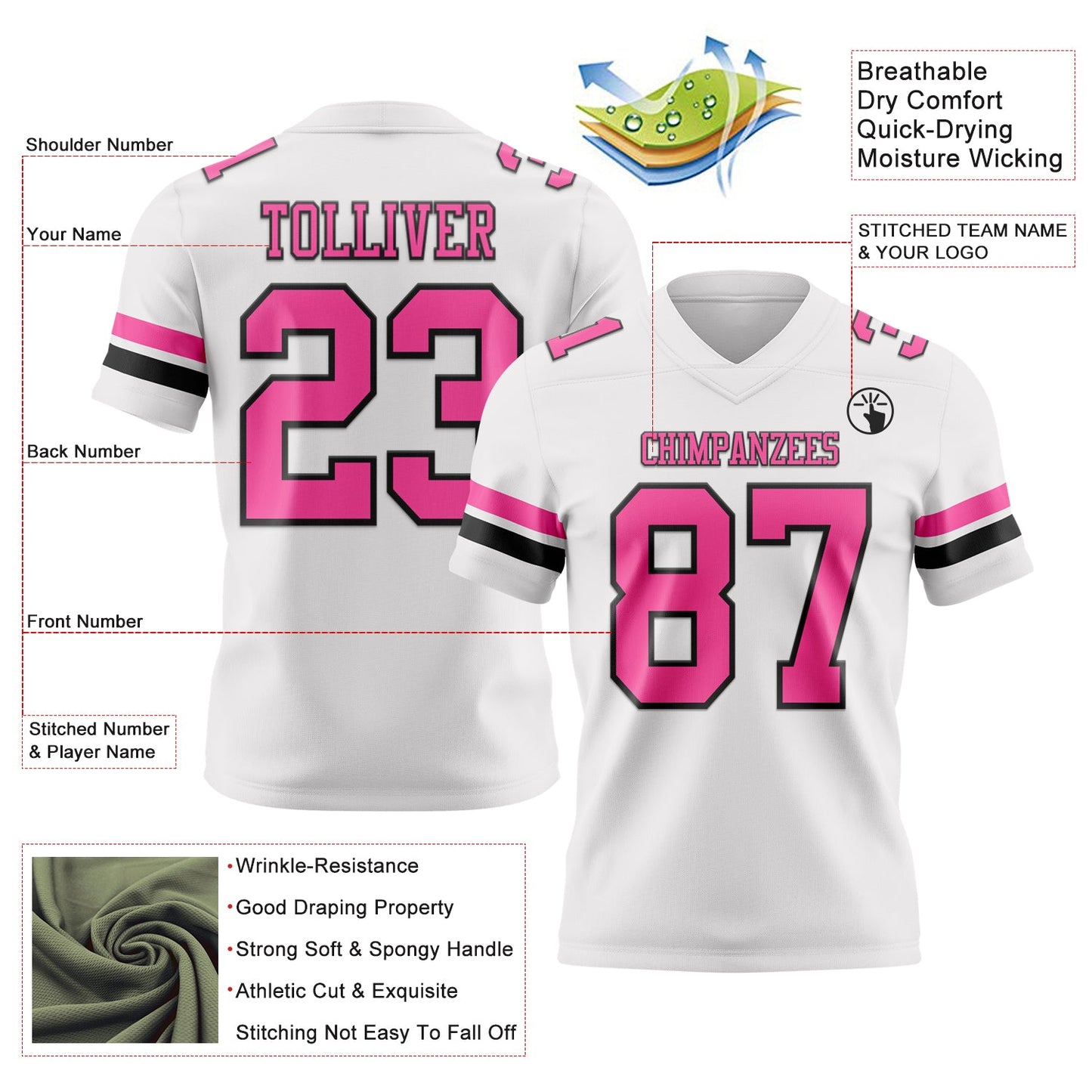 Custom White Pink-Black Mesh Authentic Football Jersey - Sky-Custom