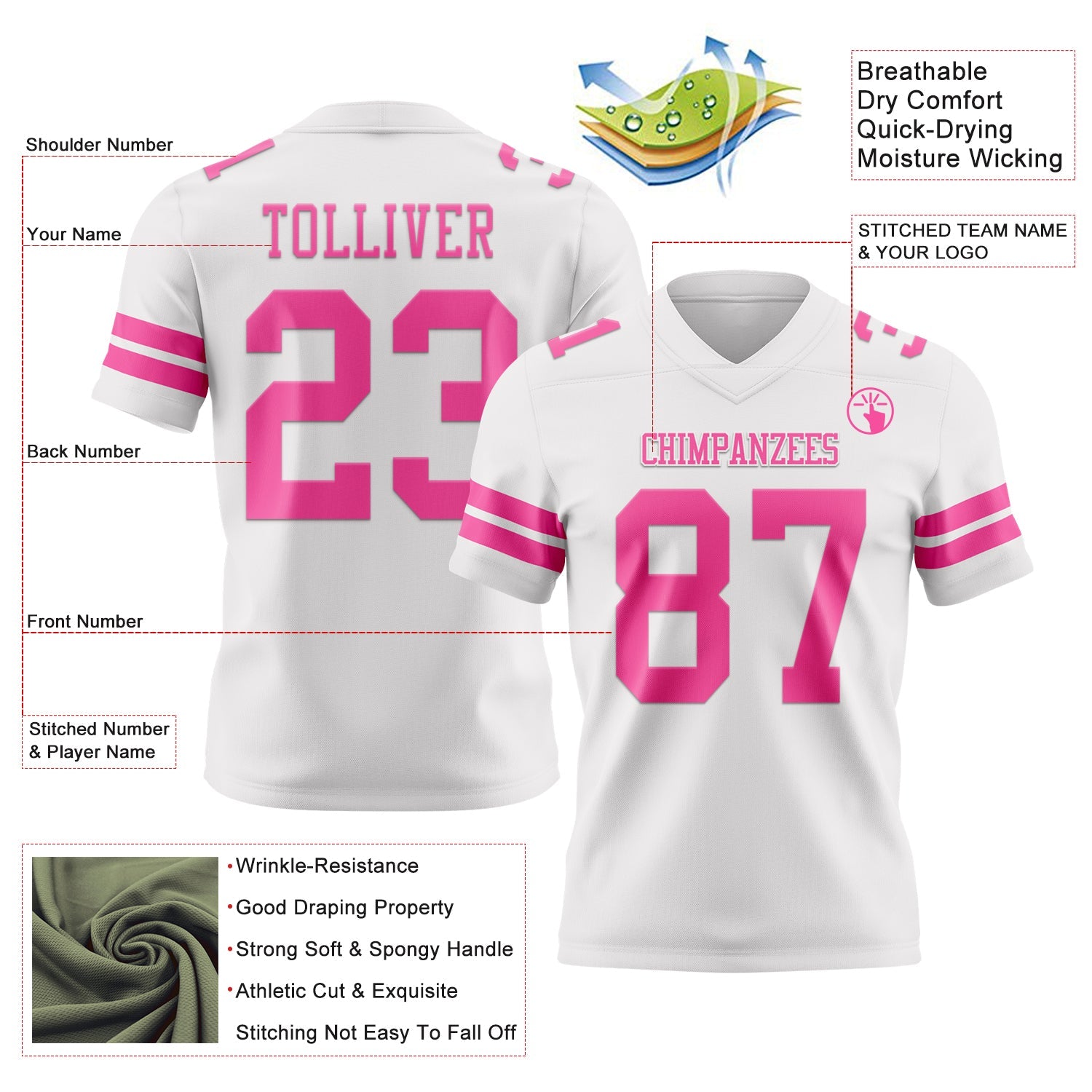 Custom White Pink Mesh Authentic Football Jersey - Sky-Custom
