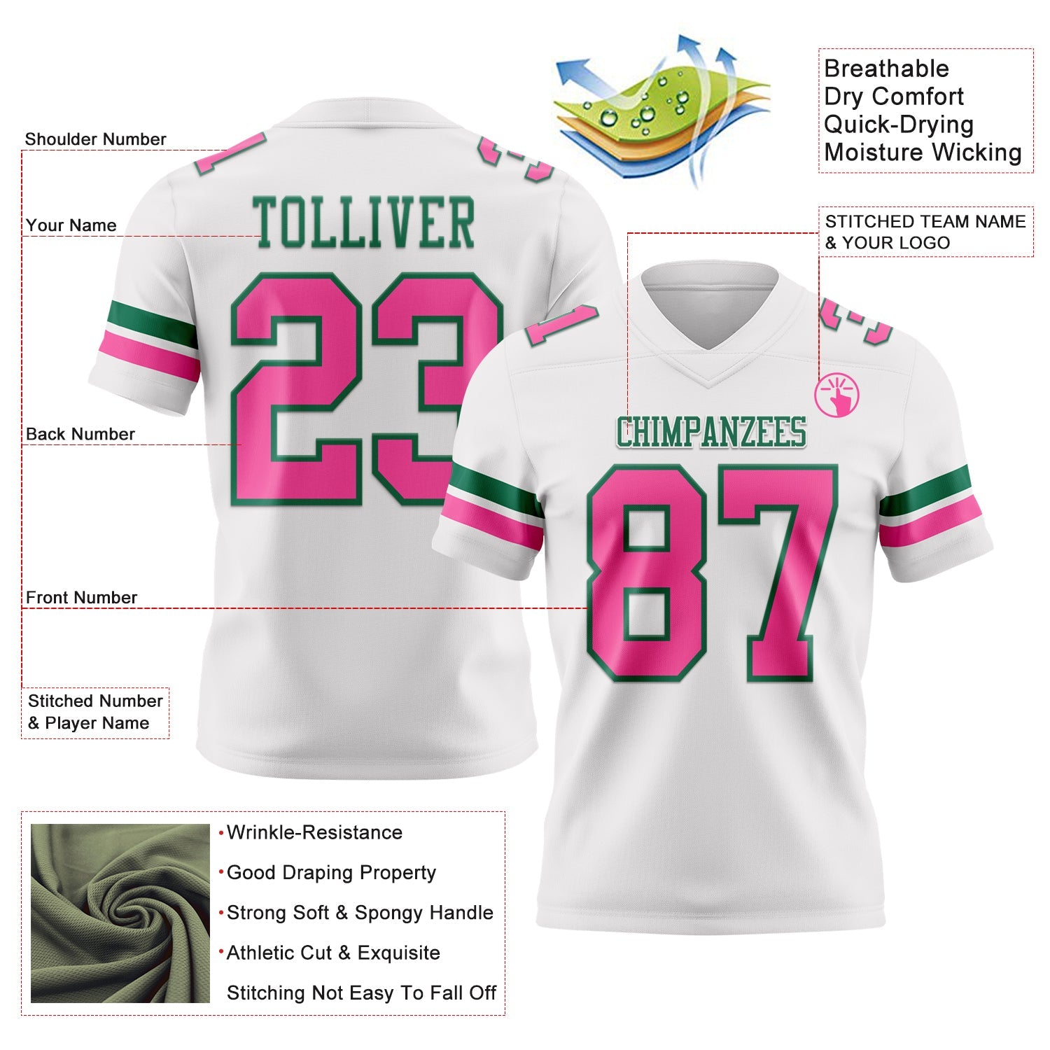 Custom White Pink-Kelly Green Mesh Authentic Football Jersey - Sky-Custom