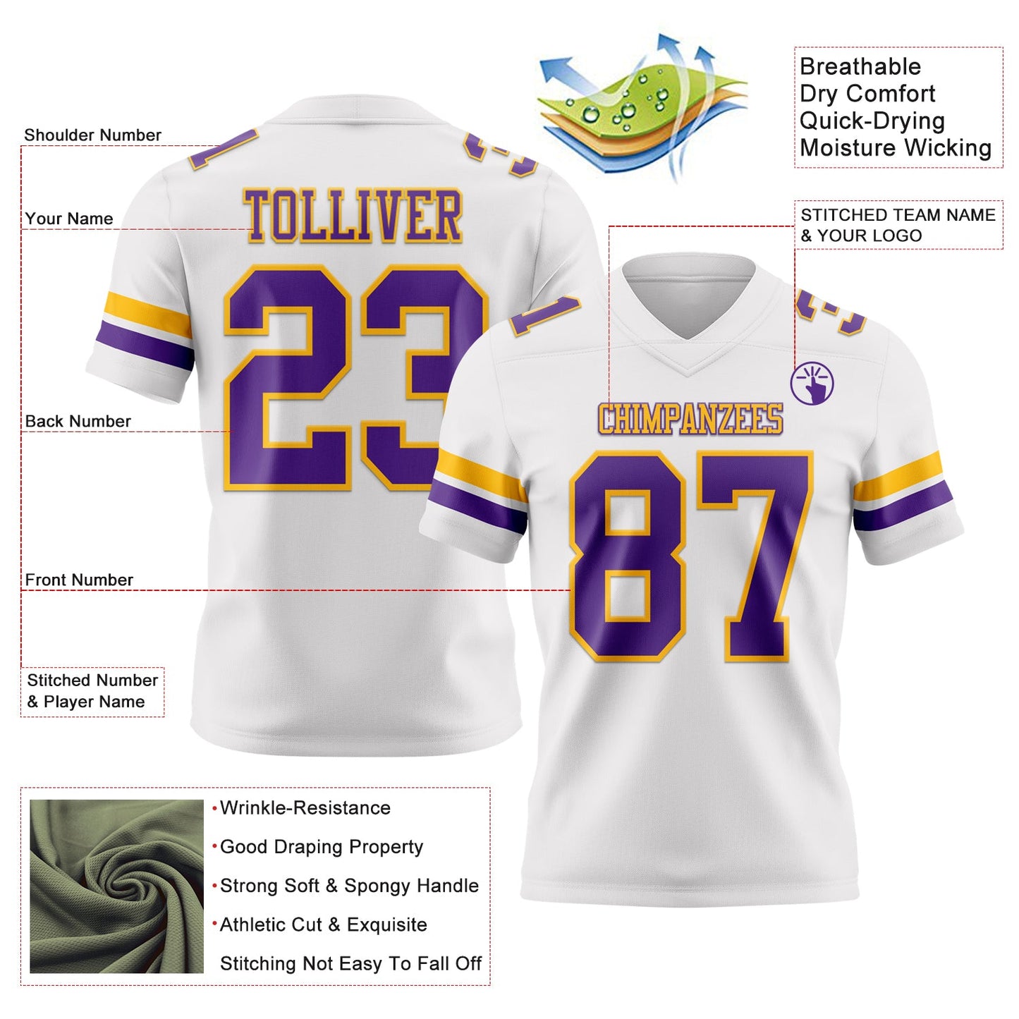 Custom White Purple-Gold Mesh Authentic Football Jersey - Sky-Custom
