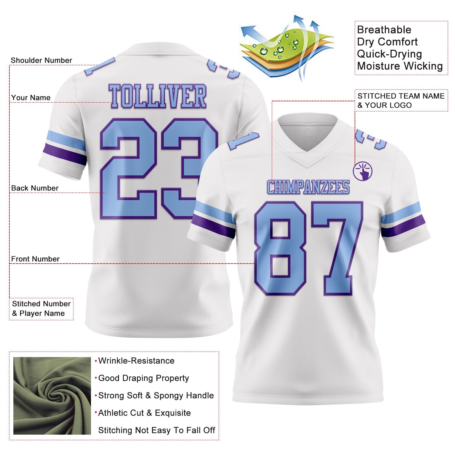 Custom White Light Blue-Purple Mesh Authentic Football Jersey - Sky-Custom