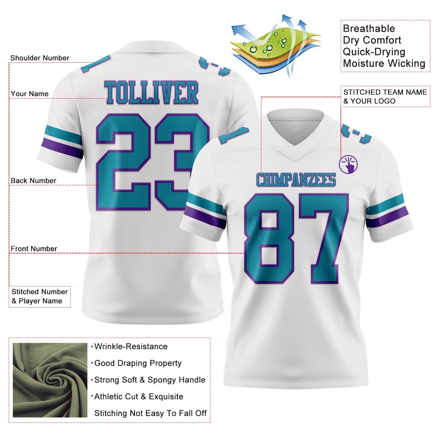 Custom White Teal-Purple Mesh Authentic Football Jersey - Sky-Custom