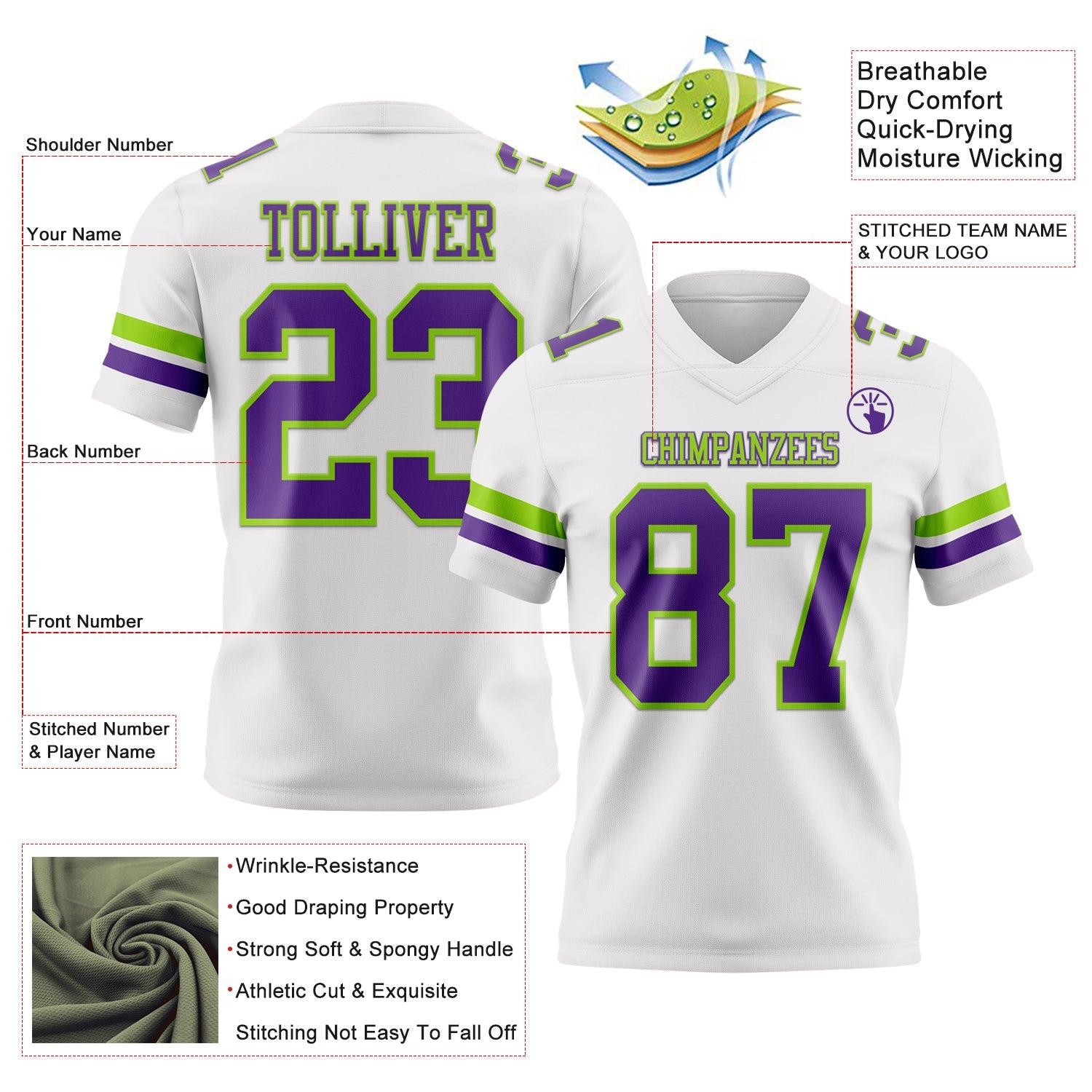 Custom White Purple-Neon Green Mesh Authentic Football Jersey - Sky-Custom