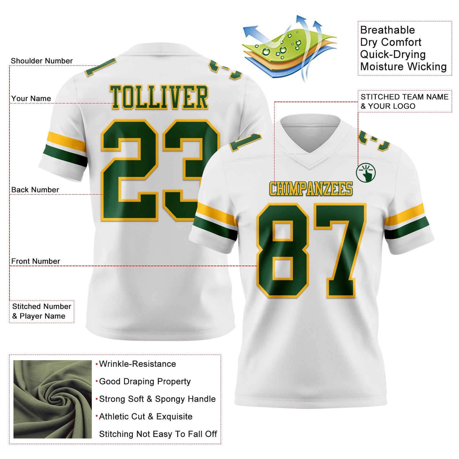 Custom White Green-Gold Mesh Authentic Football Jersey - Sky-Custom