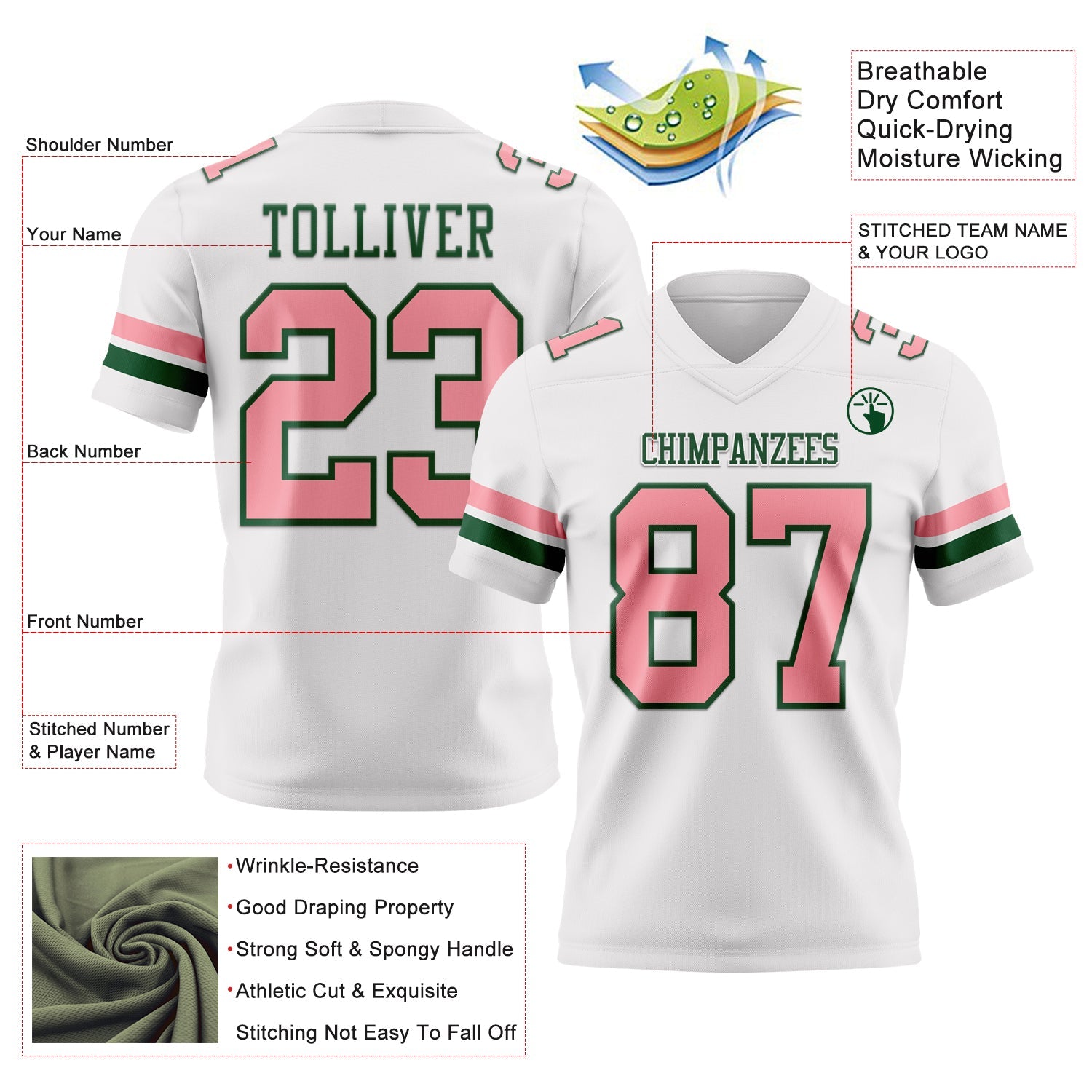 Custom White Medium Pink-Green Mesh Authentic Football Jersey - Sky-Custom