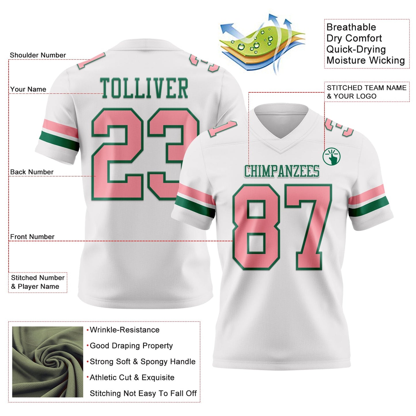 Custom White Medium Pink-Kelly Green Mesh Authentic Football Jersey - Sky-Custom