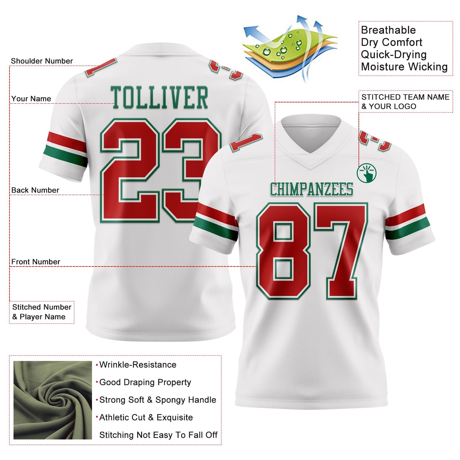 Custom White Red-Kelly Green Mesh Authentic Football Jersey - Sky-Custom