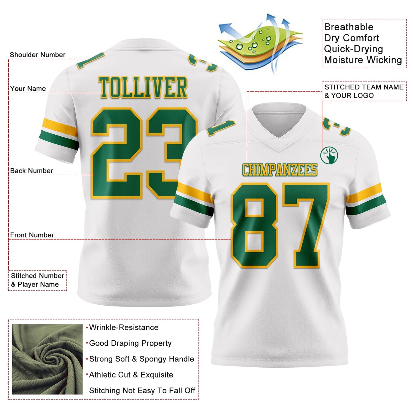Custom White Kelly Green-Gold Mesh Authentic Football Jersey - Sky-Custom