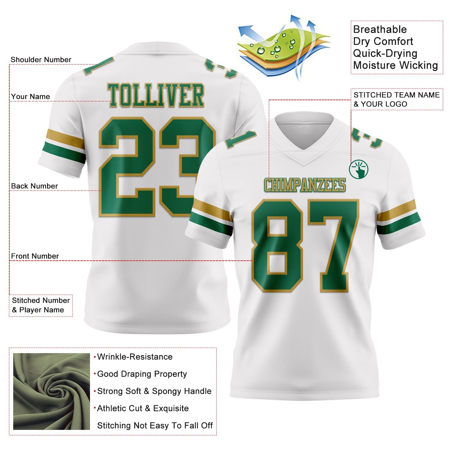 Custom White Kelly Green-Old Gold Mesh Authentic Football Jersey - Sky-Custom