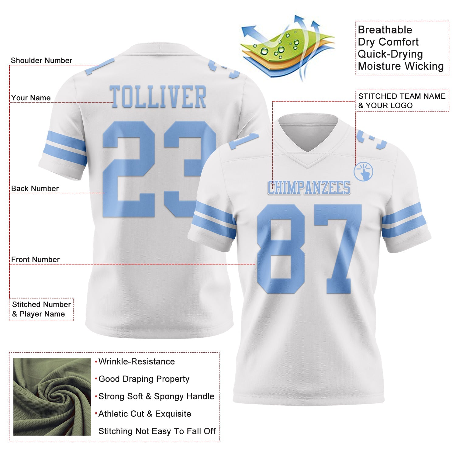 Custom White Light Blue Mesh Authentic Football Jersey - Sky-Custom