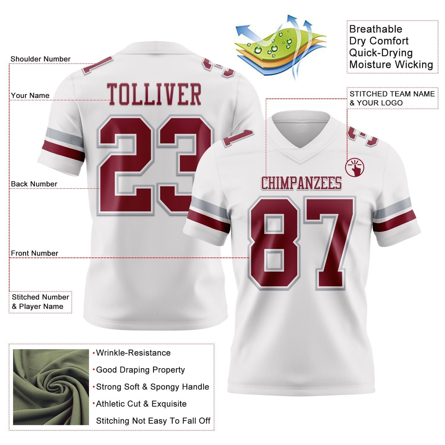 Custom White Crimson-Gray Mesh Authentic Football Jersey - Sky-Custom