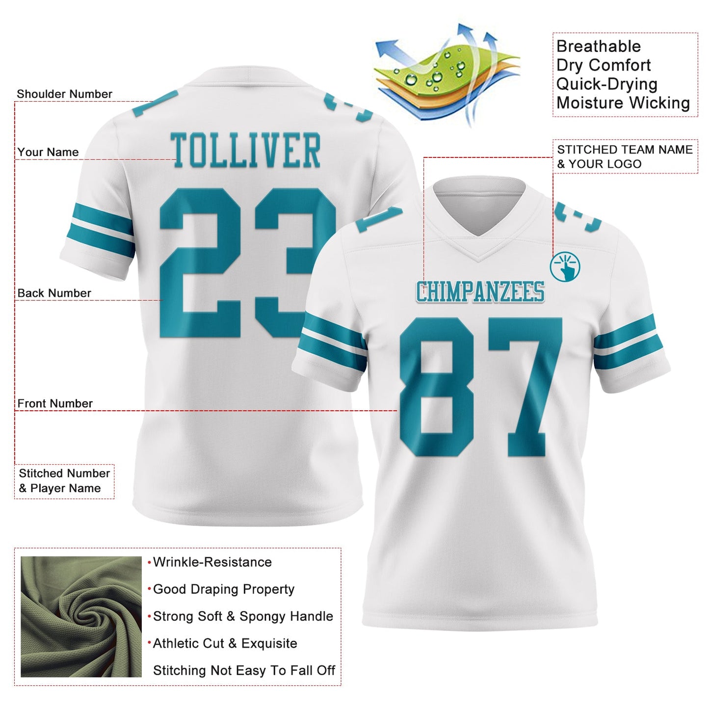 Custom White Teal Mesh Authentic Football Jersey - Sky-Custom