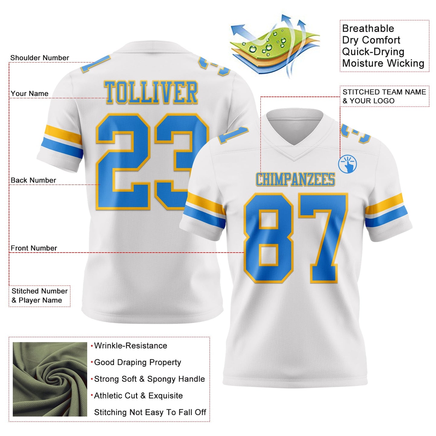 Custom White Powder Blue-Gold Mesh Authentic Football Jersey - Sky-Custom