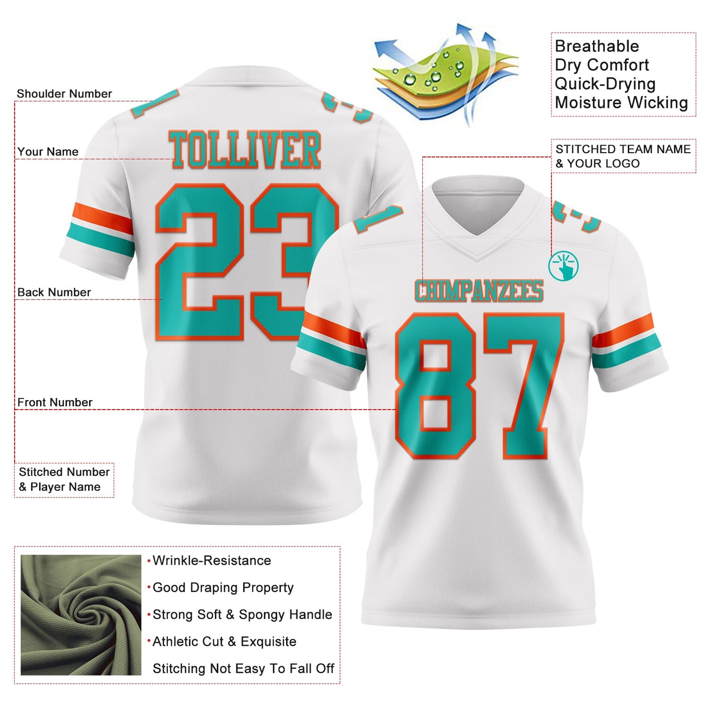 Custom White Aqua-Orange Mesh Authentic Football Jersey - Sky-Custom