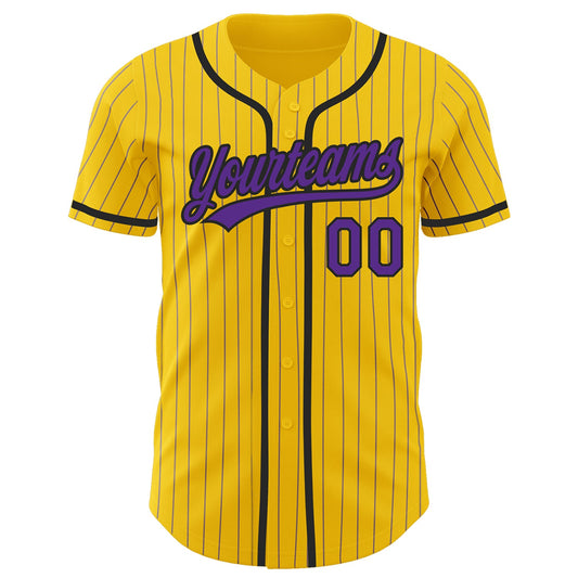Custom Yellow Purple Pinstripe Black Authentic Baseball Jersey - Sky-Custom