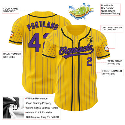 Custom Yellow Purple Pinstripe Black Authentic Baseball Jersey - Sky-Custom