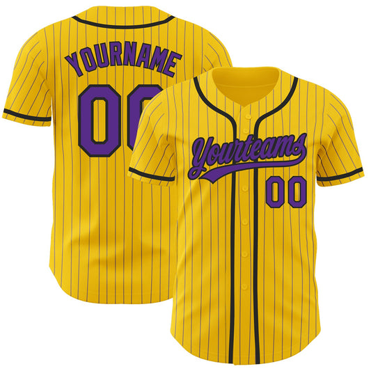 Custom Yellow Purple Pinstripe Black Authentic Baseball Jersey - Sky-Custom