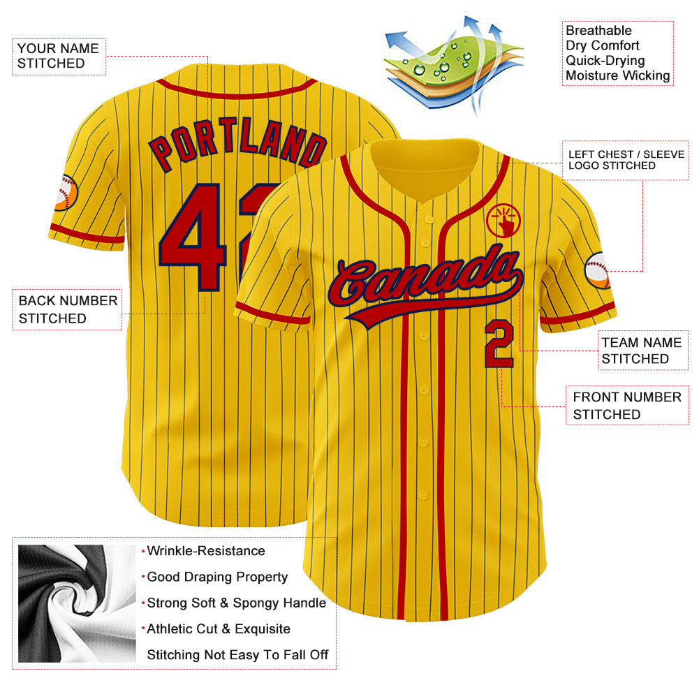 Custom Yellow Navy Pinstripe Red Authentic Baseball Jersey - Sky-Custom