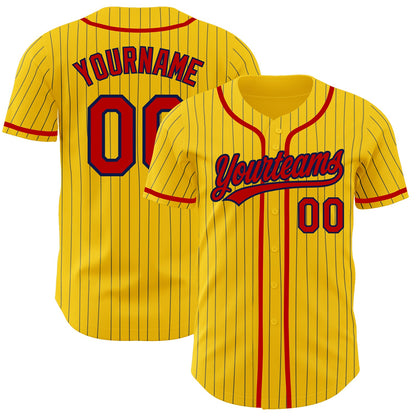 Custom Yellow Navy Pinstripe Red Authentic Baseball Jersey - Sky-Custom