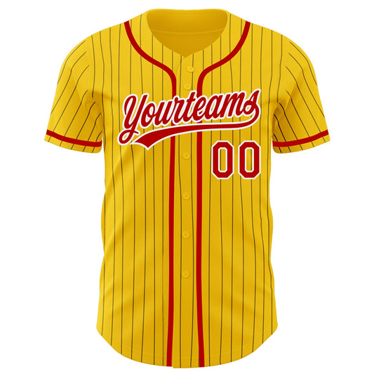 Custom Yellow Black Pinstripe Red-White Authentic Baseball Jersey - Sky-Custom