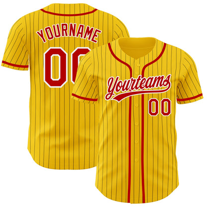 Custom Yellow Black Pinstripe Red-White Authentic Baseball Jersey - Sky-Custom