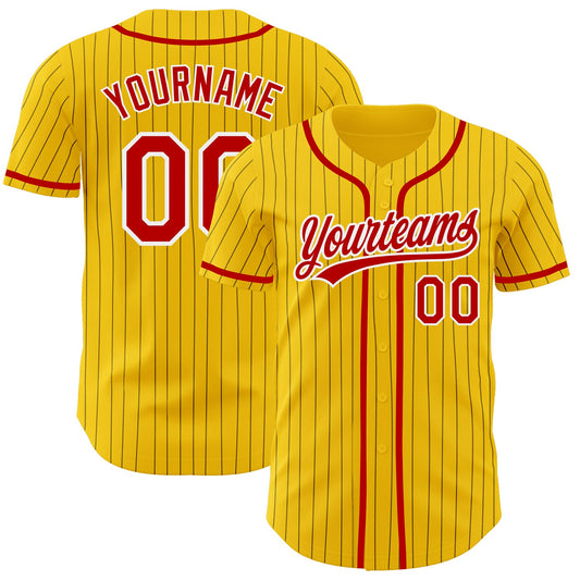 Custom Yellow Black Pinstripe Red-White Authentic Baseball Jersey - Sky-Custom