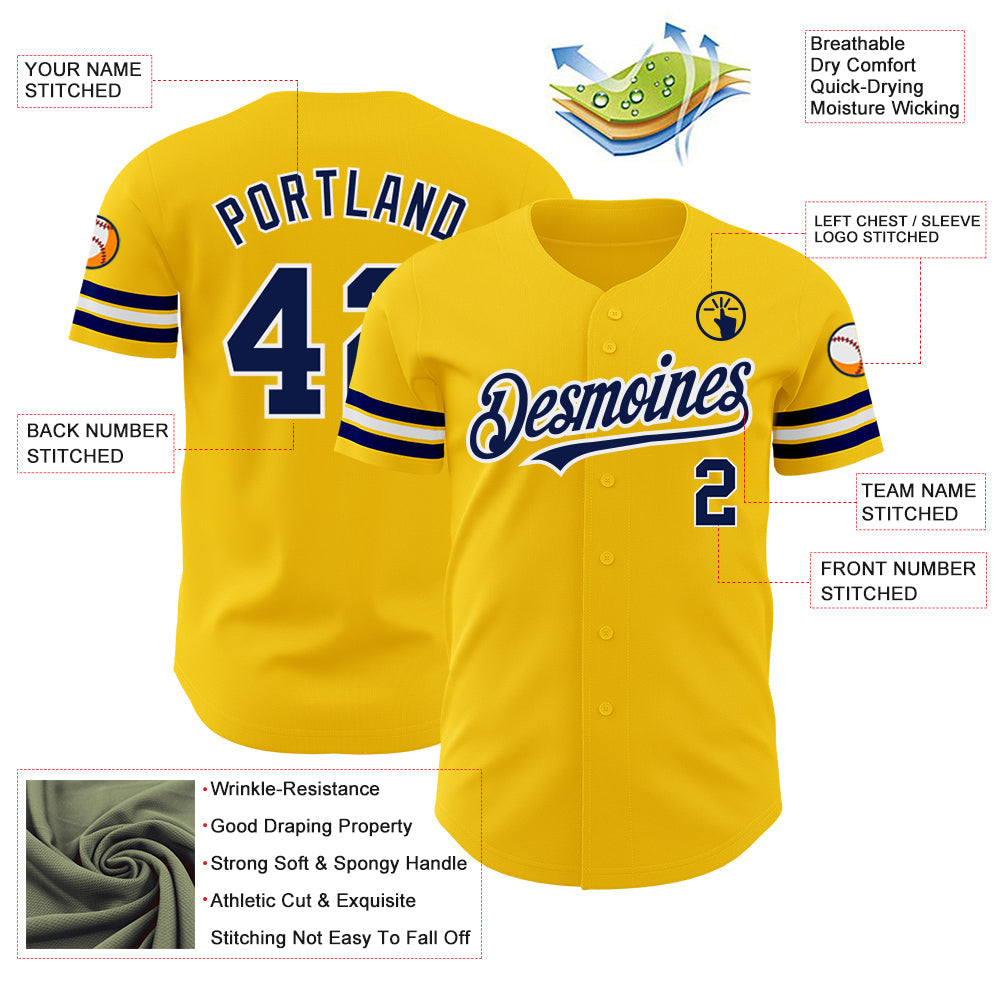 Custom Yellow Navy-White Authentic Baseball Jersey - Sky-Custom