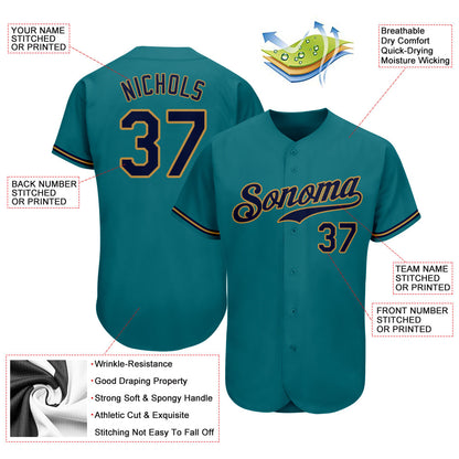 Custom Teal Navy-Old Gold Authentic Baseball Jersey - Sky-Custom