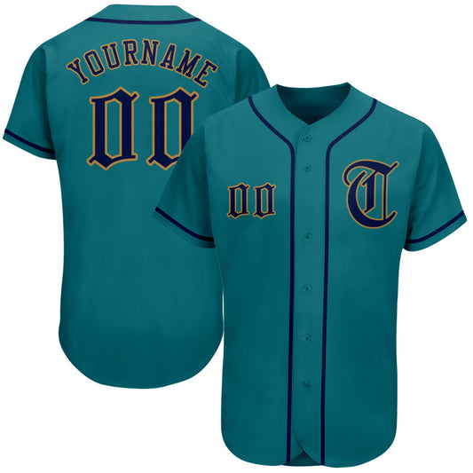 Custom Teal Navy-Old Gold Authentic Baseball Jersey - Sky-Custom