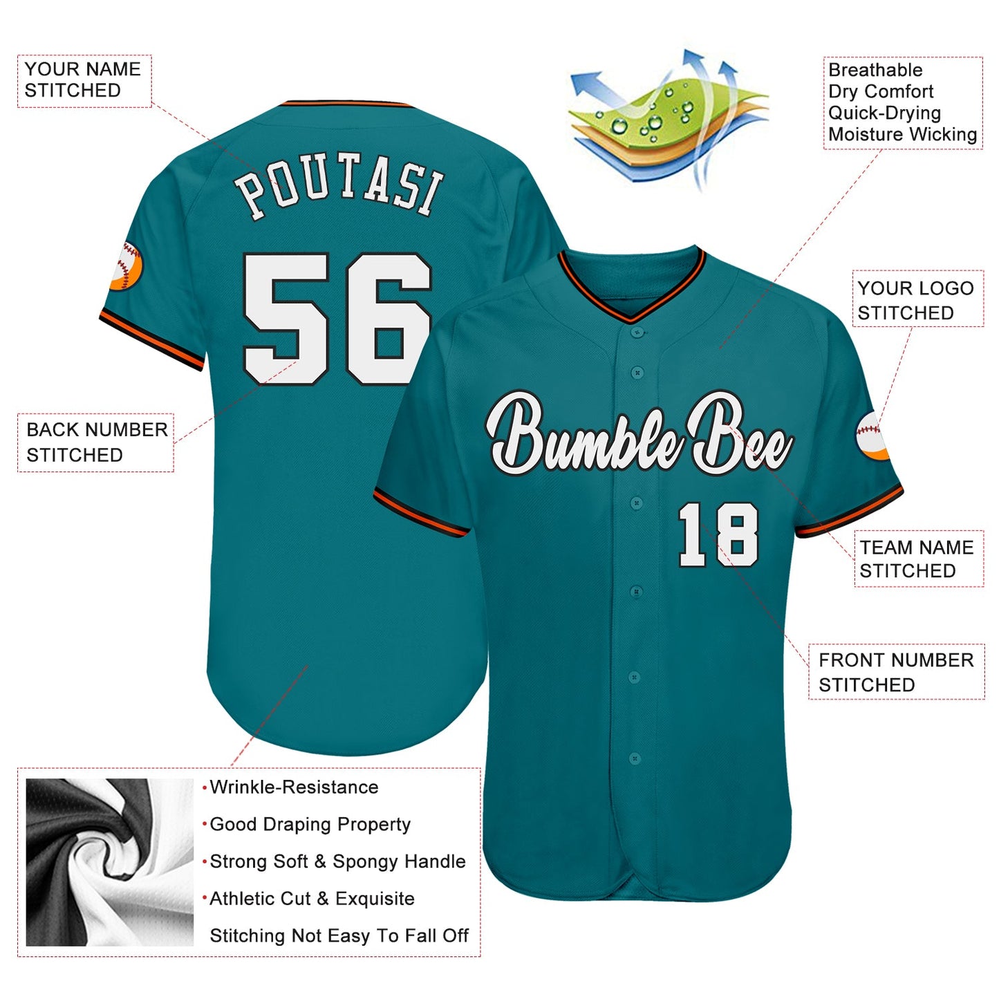 Custom Teal White-Orange Authentic Baseball Jersey - Sky-Custom