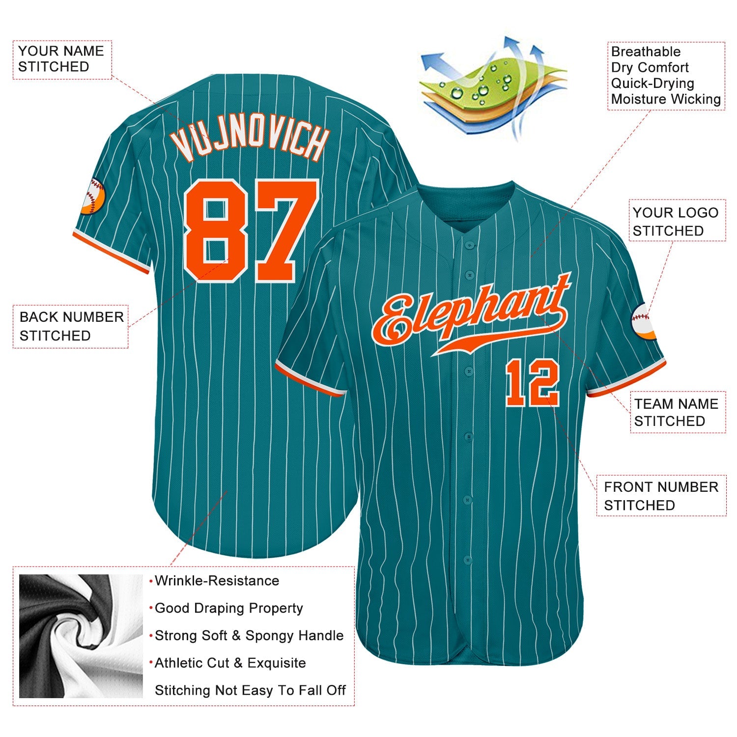 Custom Teal White Pinstripe Orange-White Authentic Baseball Jersey - Sky-Custom