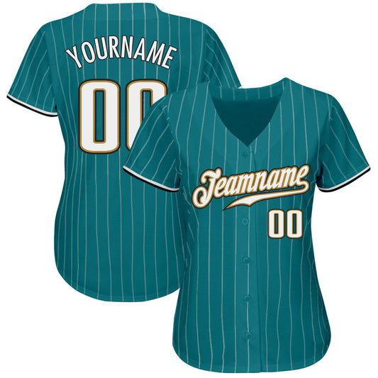 Custom Teal White Pinstripe White-Old Gold Authentic Baseball Jersey - Sky-Custom