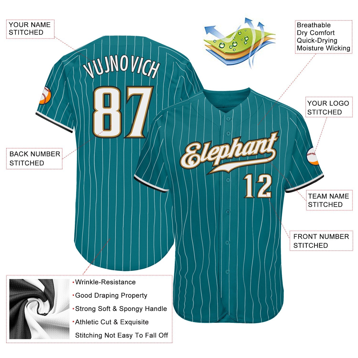 Custom Teal White Pinstripe White-Old Gold Authentic Baseball Jersey - Sky-Custom
