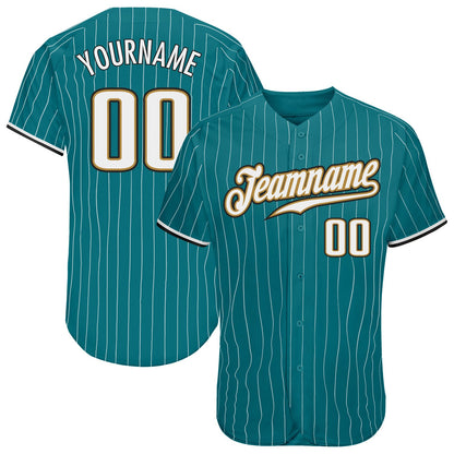 Custom Teal White Pinstripe White-Old Gold Authentic Baseball Jersey - Sky-Custom